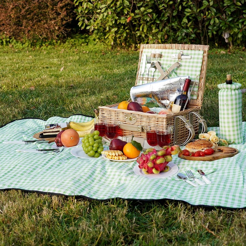 WILLOW WEAVE Picnic Basket for 4, Insulated Willow Picnic Baskets with Shoulder Strap, Picnic Hamper with Waterproof Picnic Blanket, Handmade Wicker Hamper for Outdoor Camping, GreenCheck - Image 5